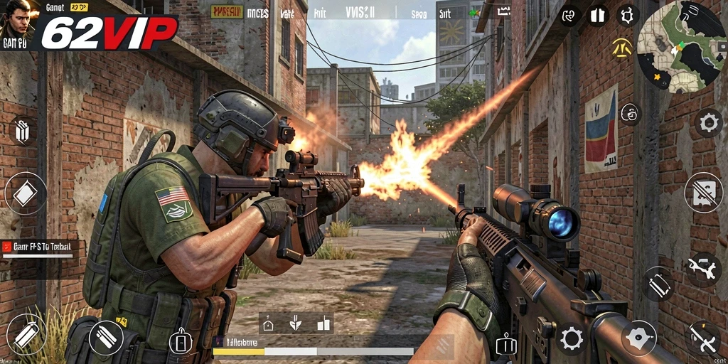 Tangkapan layar 62VIP menunjukkan pertempuran menegangkan dalam game FPS.
