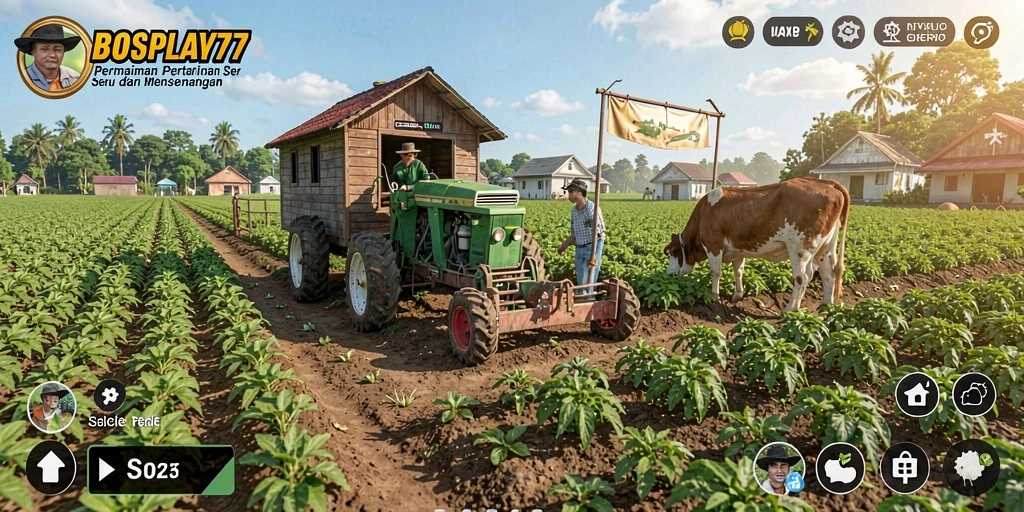 Screenshot gameplay BOSPLAY77 yang menunjukkan aktivitas bertani yang menarik.