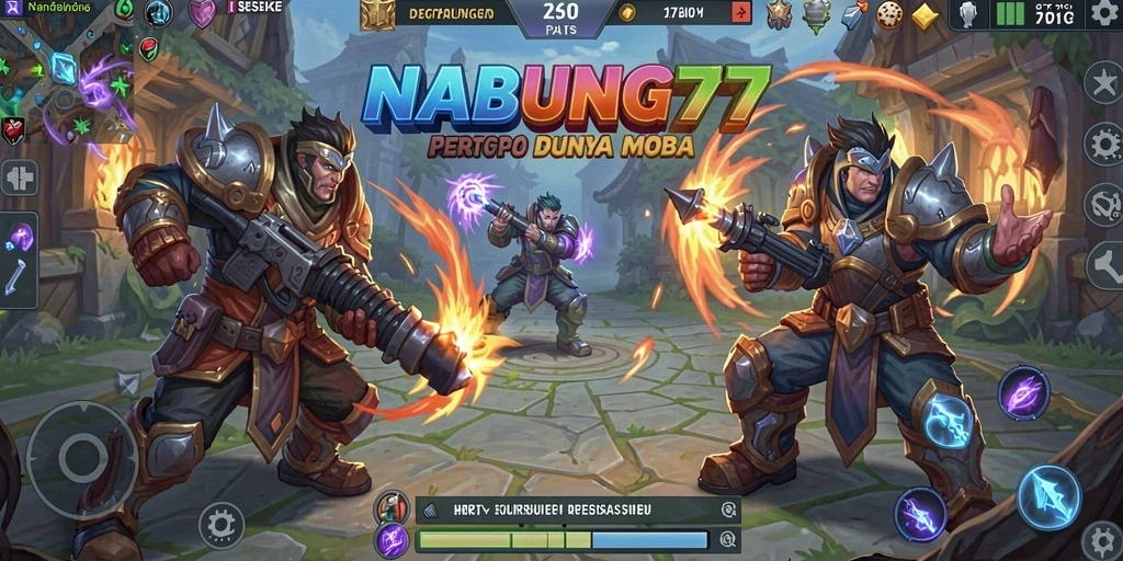 Tampilan gameplay seru dalam NABUNG77 dengan berbagai karakter MOBA.